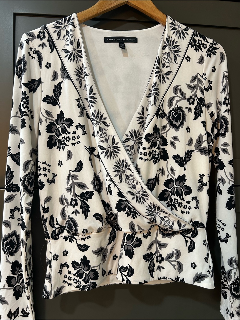 White House Black Market Black and White Floral Wrap Blouse